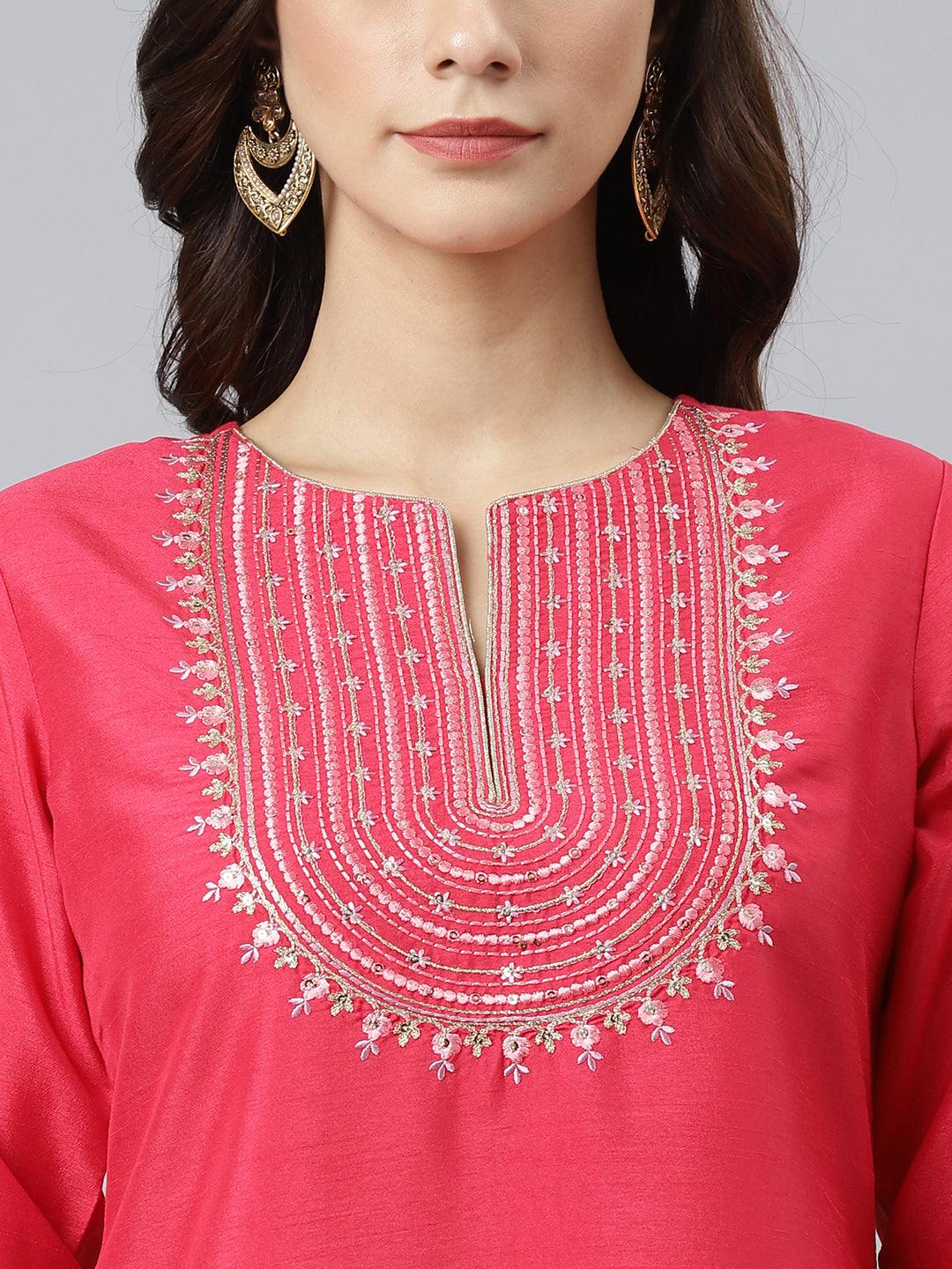 Women's Pink Poly Silk Solid Kurta With Pant And Dupatta - Mansa - Indiakreations