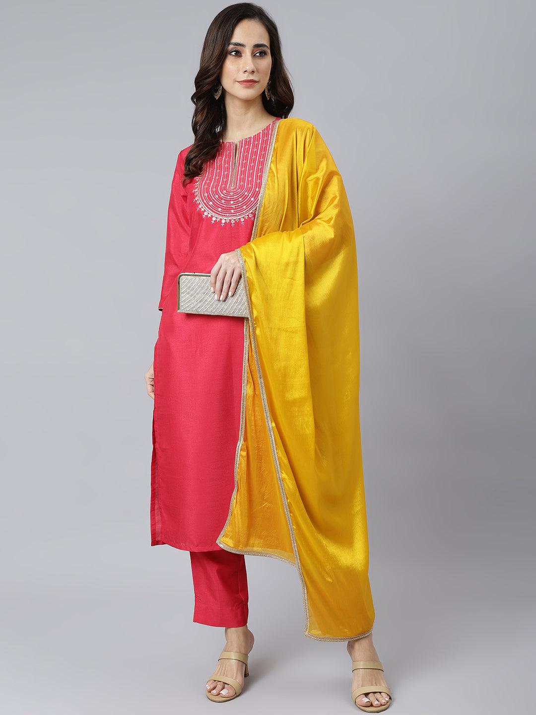 Women's Pink Poly Silk Solid Kurta With Pant And Dupatta - Mansa - Indiakreations