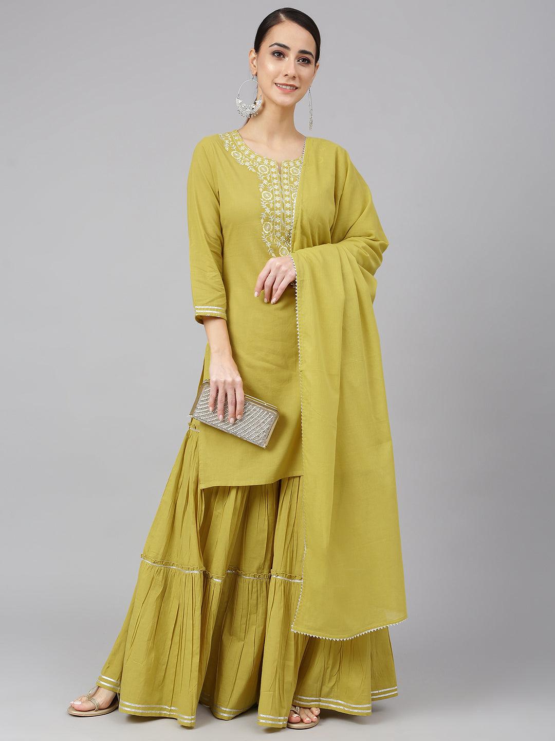 Women's Mustard Cotton Solid Kurta With Sharara And Dupatta - Mansa - Indiakreations