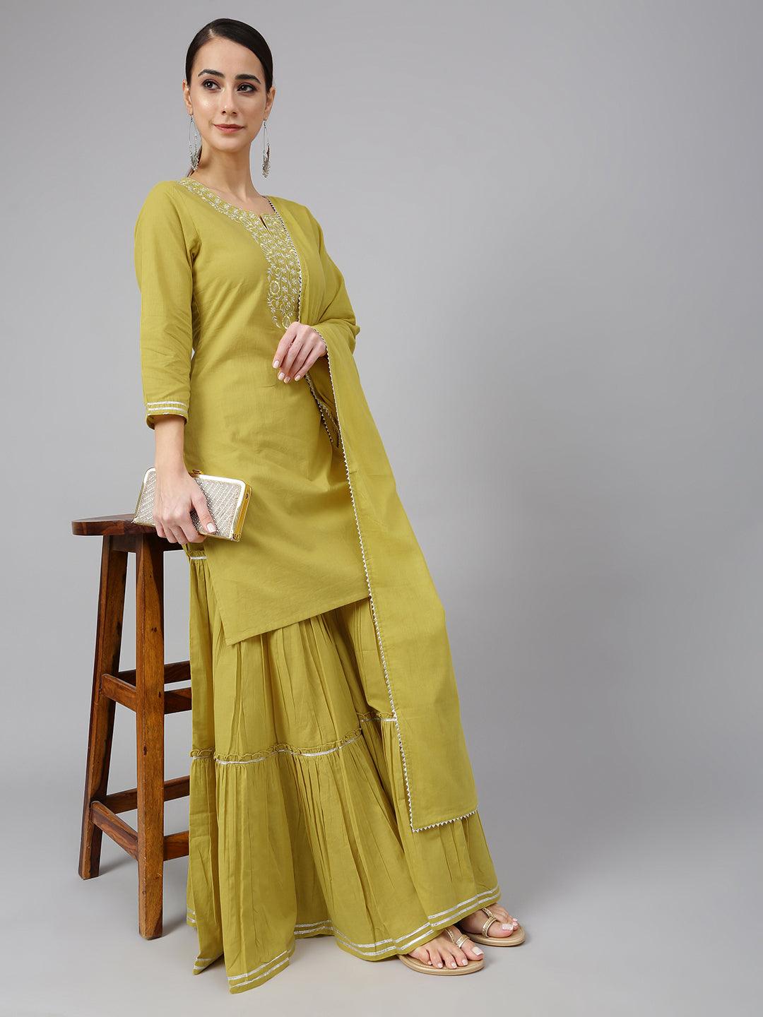 Women's Mustard Cotton Solid Kurta With Sharara And Dupatta - Mansa - Indiakreations