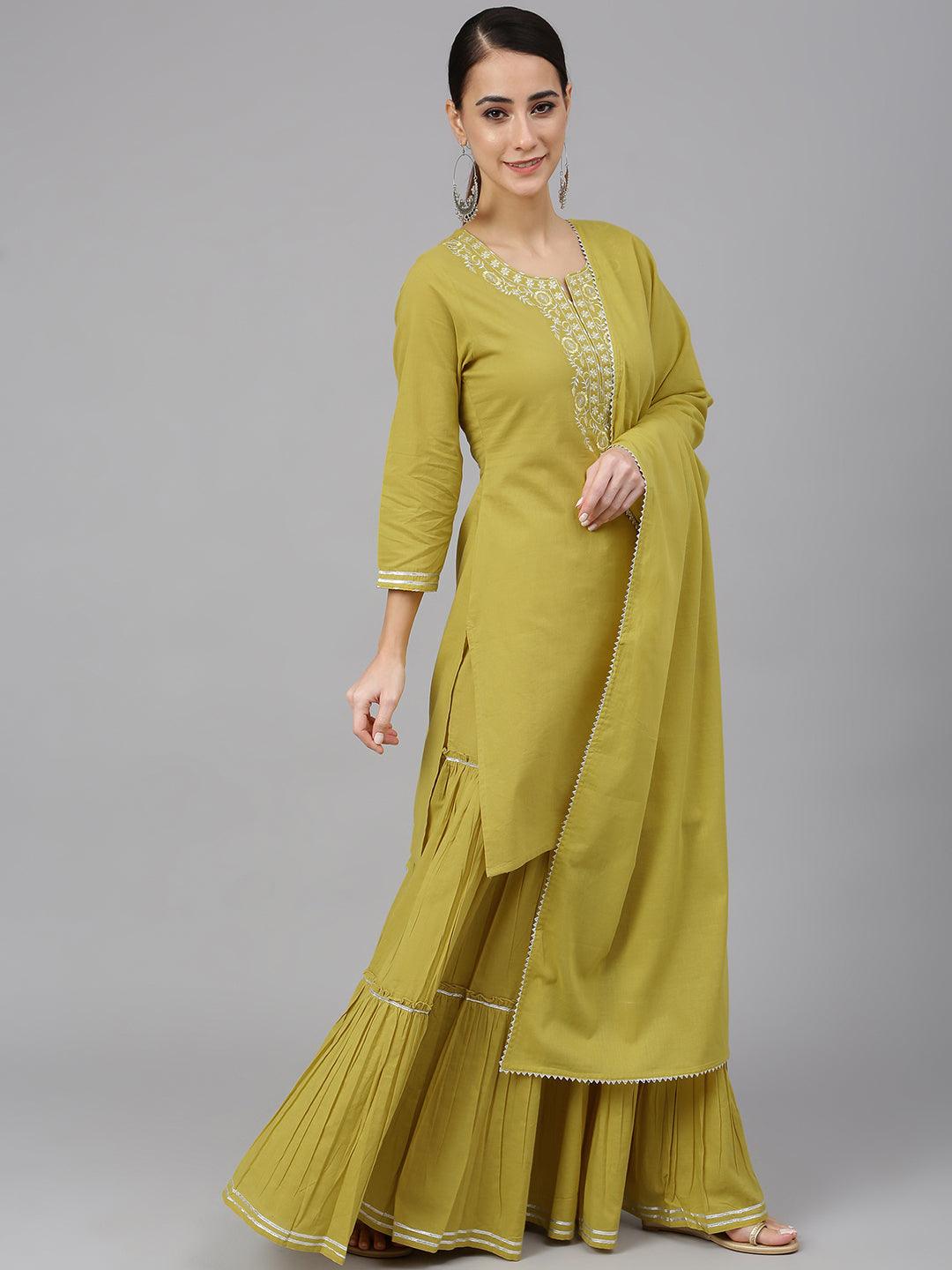 Women's Mustard Cotton Solid Kurta With Sharara And Dupatta - Mansa - Indiakreations