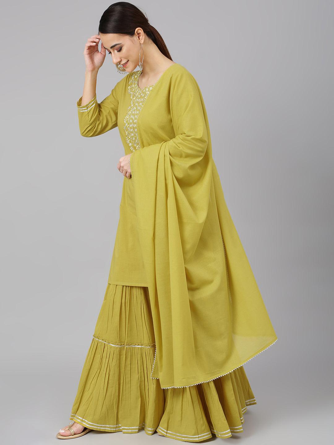 Women's Mustard Cotton Solid Kurta With Sharara And Dupatta - Mansa - Indiakreations