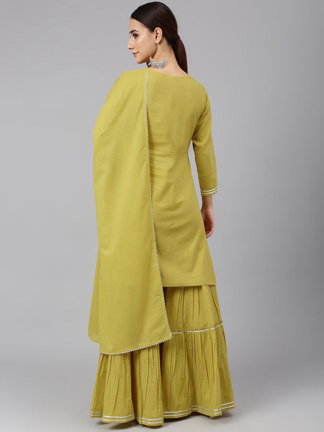 Women's Mustard Cotton Solid Kurta With Sharara And Dupatta - Mansa - Indiakreations