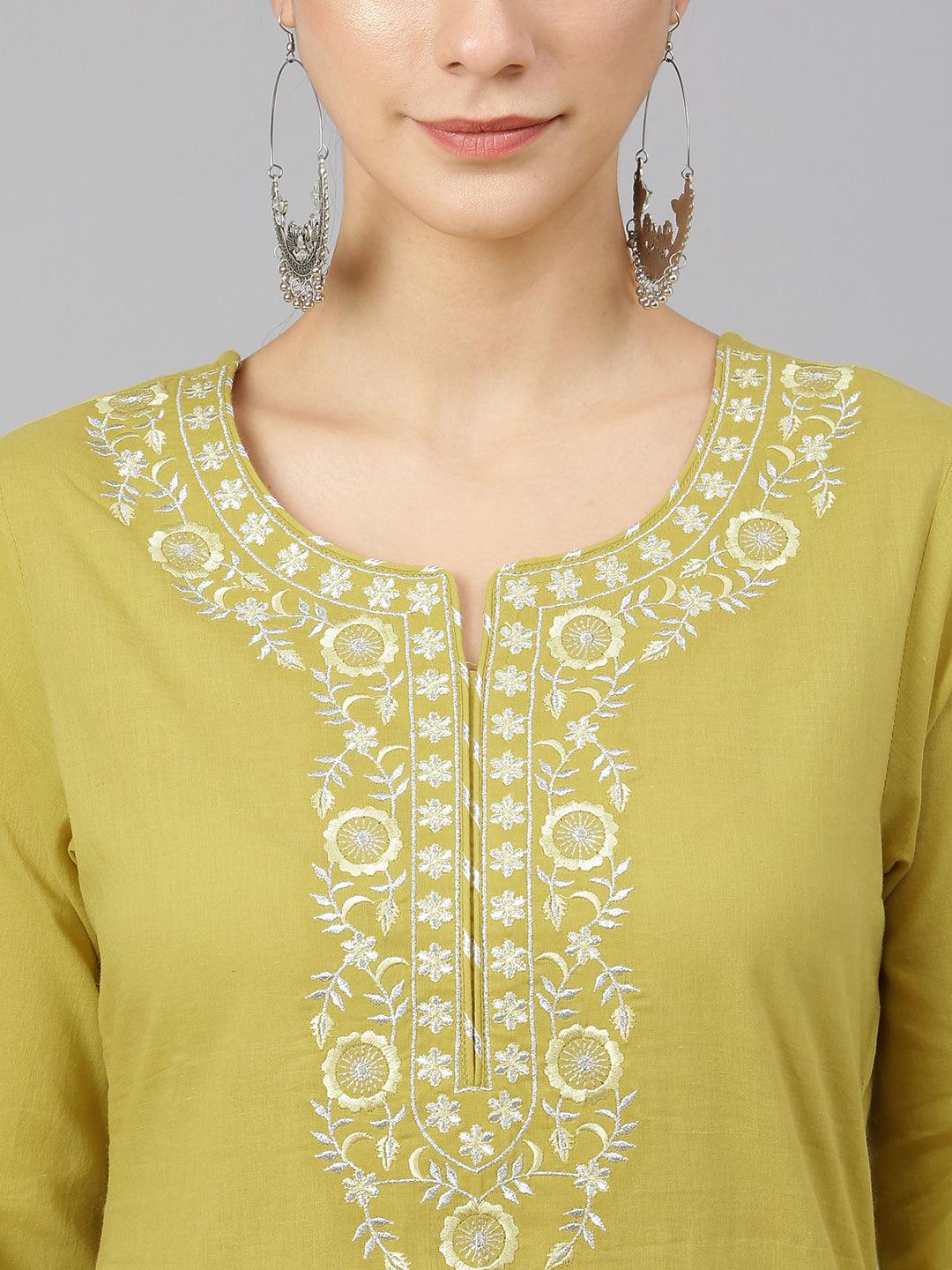 Women's Mustard Cotton Solid Kurta With Sharara And Dupatta - Mansa - Indiakreations