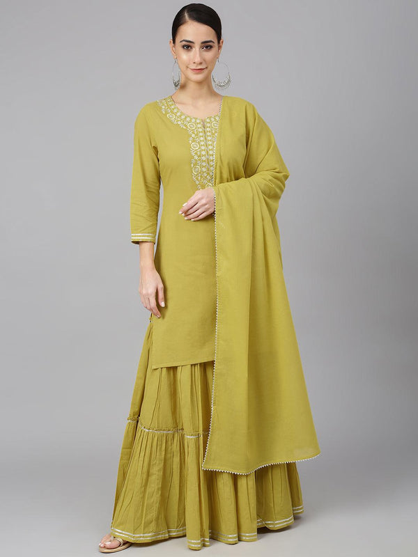 Women's Mustard Cotton Solid Kurta With Sharara And Dupatta - Mansa - Indiakreations