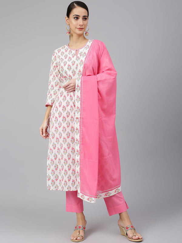 Women's Off White Cotton Floral Print Kurta With Pant And Dupatta - Mansa - Indiakreations