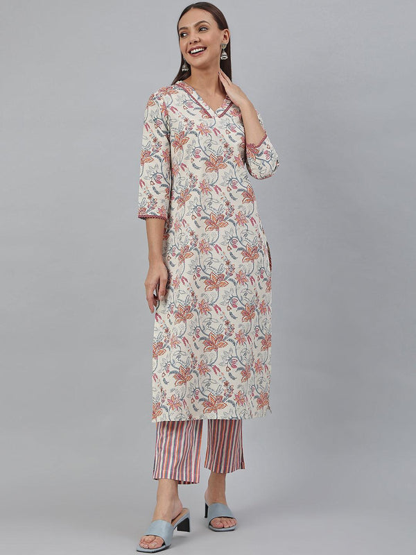 Women's Off-White Cotton Printed Straight Kurta With Pant - Mansa - Indiakreations