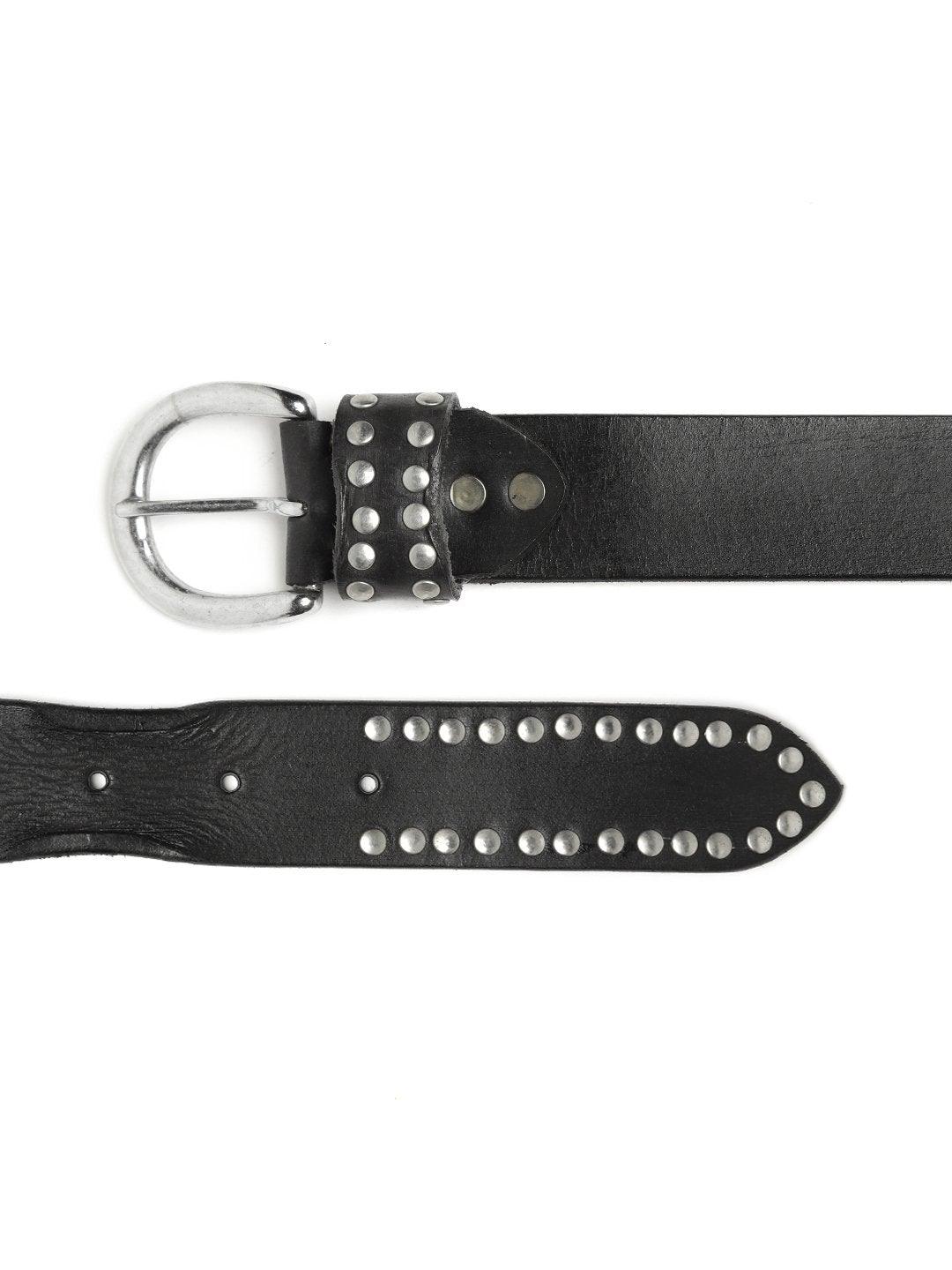 Women's Black Broad Silver Studded Leather Belt - SASSAFRAS - Indiakreations