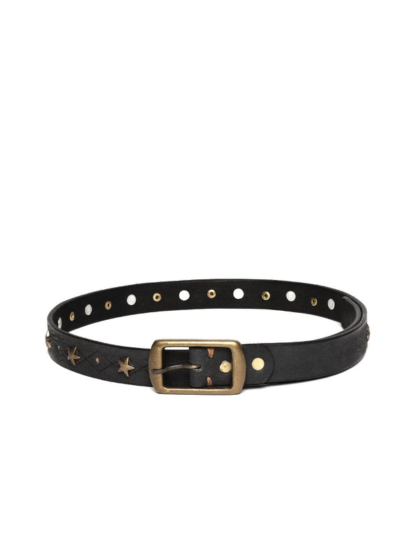 Women's Black Leather Star Studded Belt - SASSAFRAS - Indiakreations