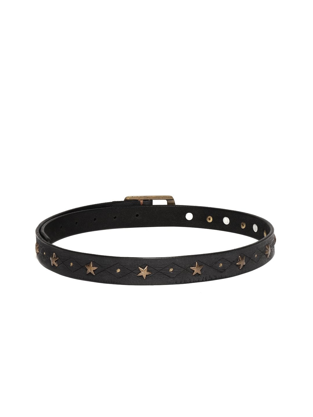 Women's Black Leather Star Studded Belt - SASSAFRAS - Indiakreations