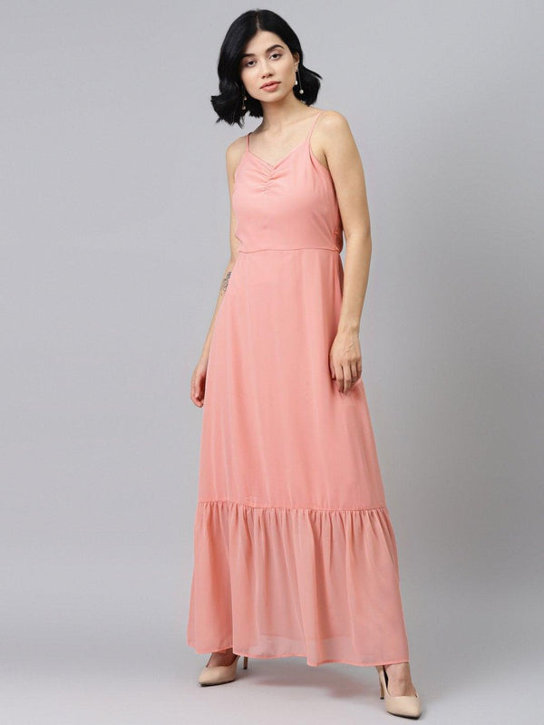 Women's Pink Strappy Frilled Hem Maxi Dress - SASSAFRAS - Indiakreations