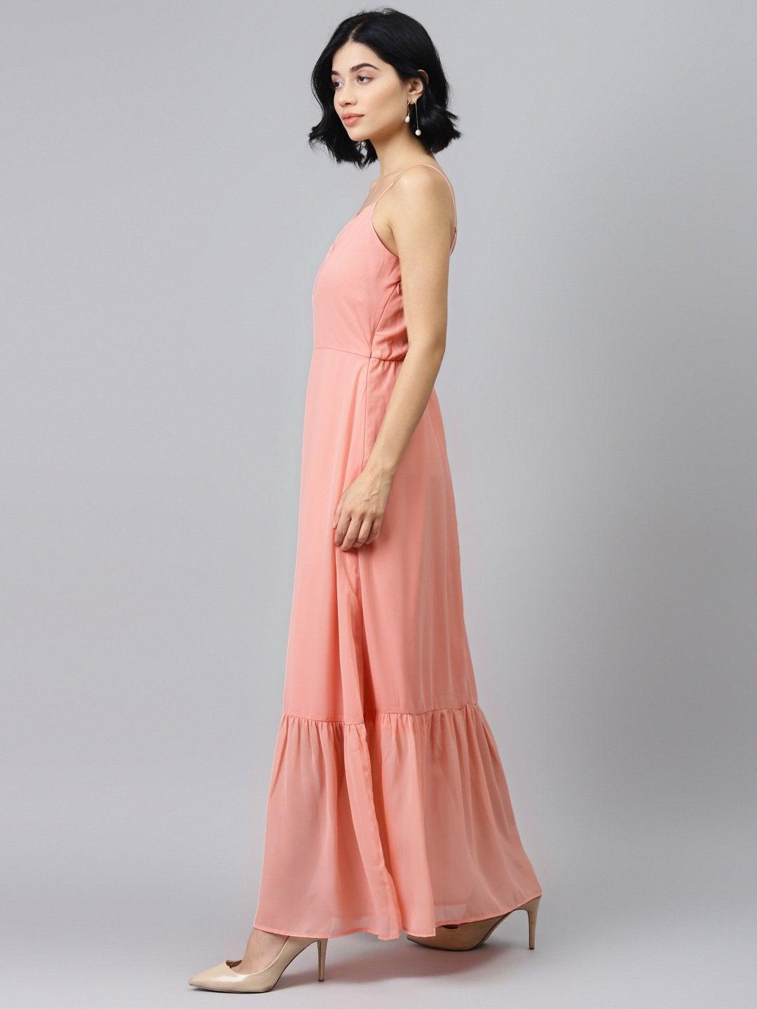 Women's Pink Strappy Frilled Hem Maxi Dress - SASSAFRAS - Indiakreations