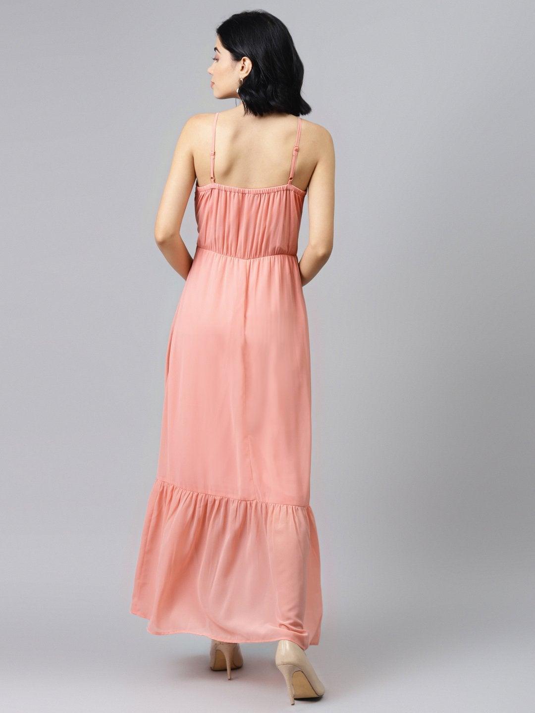 Women's Pink Strappy Frilled Hem Maxi Dress - SASSAFRAS - Indiakreations