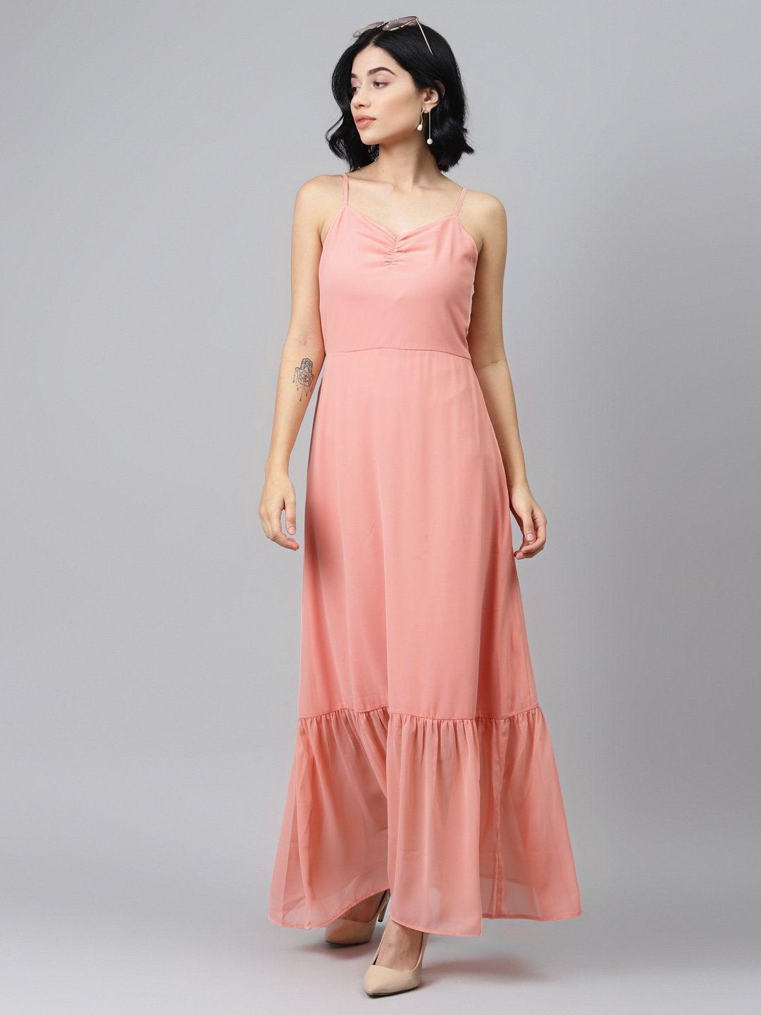 Women's Pink Strappy Frilled Hem Maxi Dress - SASSAFRAS - Indiakreations