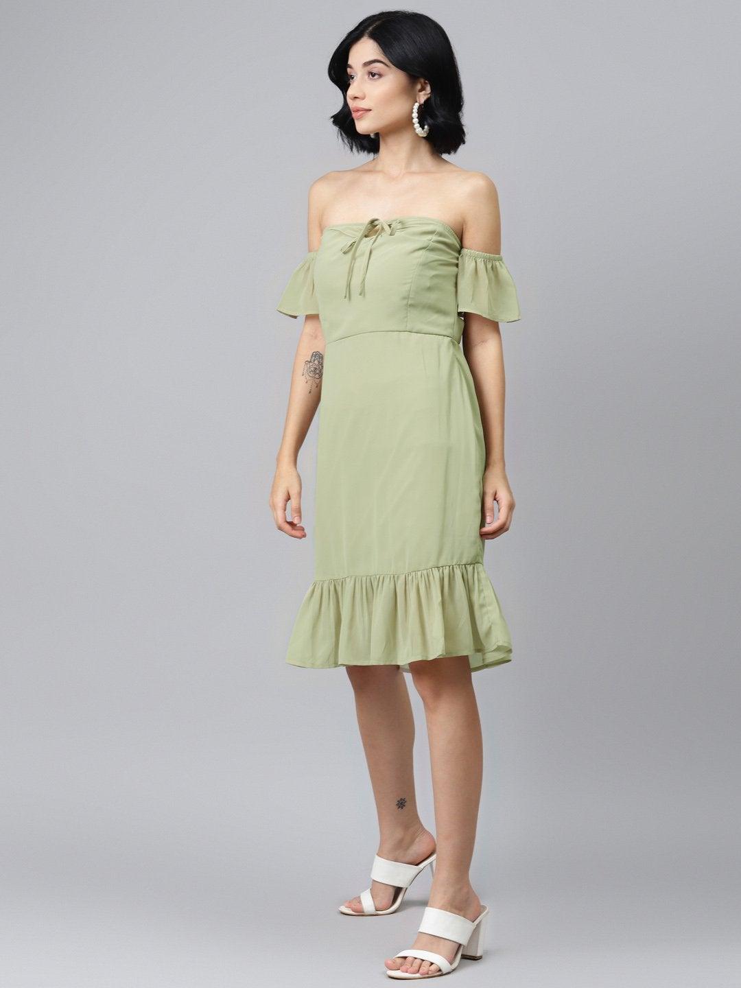 Women's Olive Off Shoulder Skater Dress - SASSAFRAS - Indiakreations