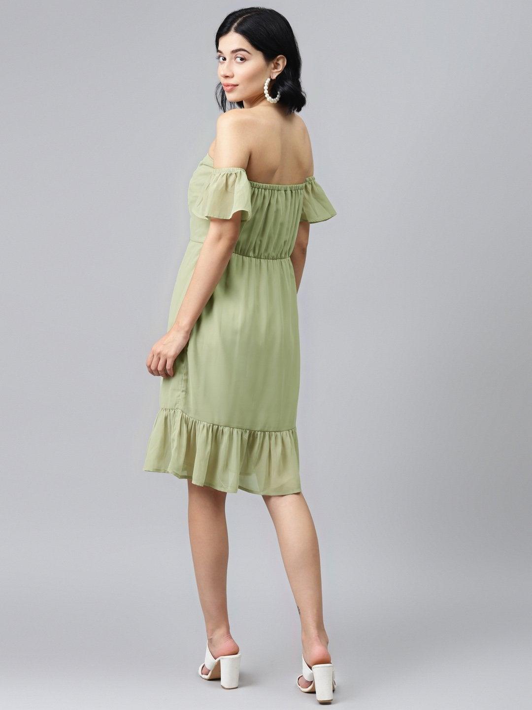 Women's Olive Off Shoulder Skater Dress - SASSAFRAS - Indiakreations