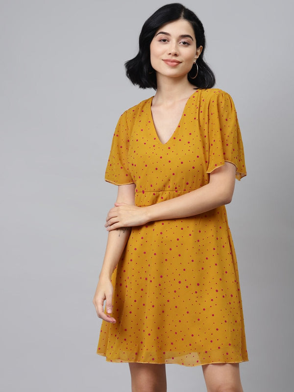 Women's Mustard Flock Print Skater Dress - SASSAFRAS