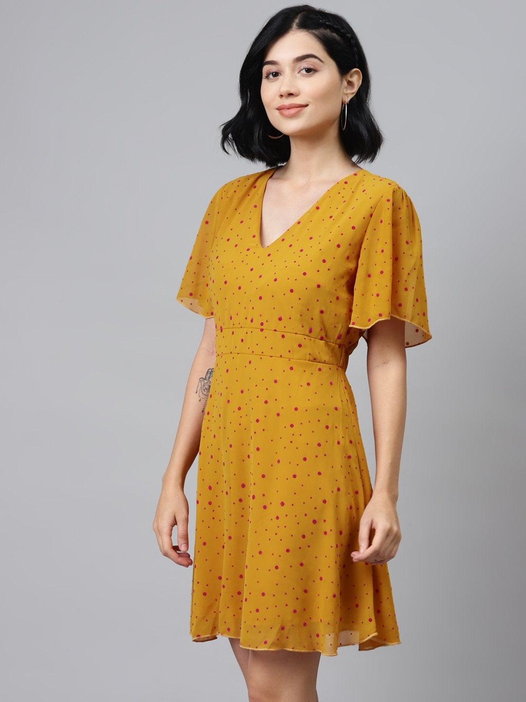 Women's Mustard Flock Print Skater Dress - SASSAFRAS - Indiakreations