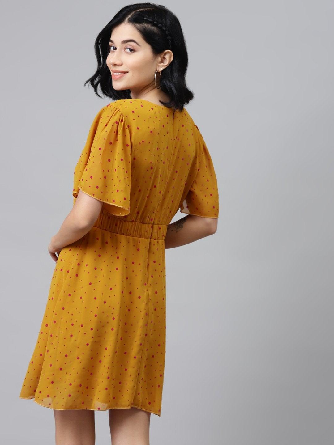 Women's Mustard Flock Print Skater Dress - SASSAFRAS - Indiakreations