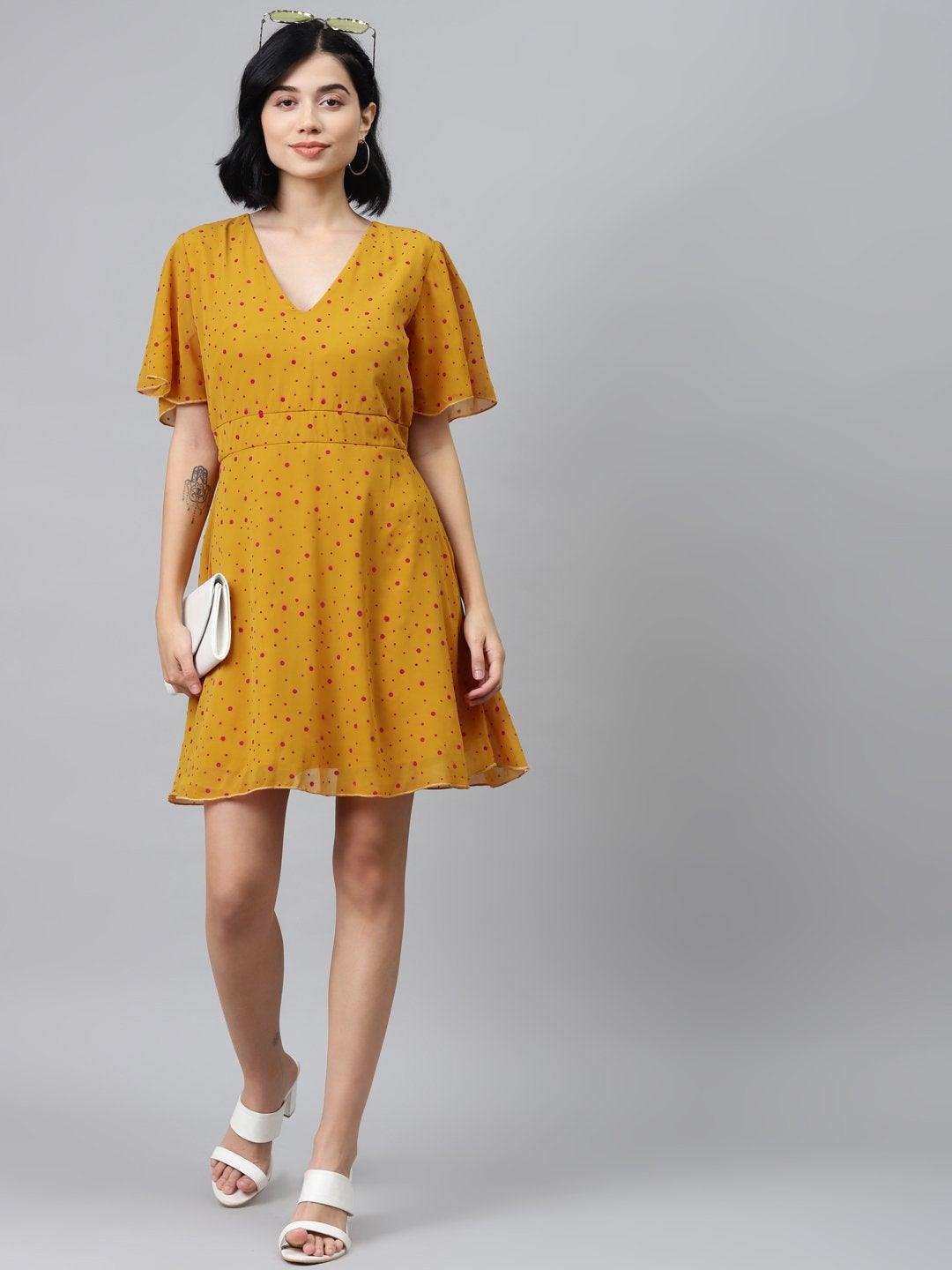 Women's Mustard Flock Print Skater Dress - SASSAFRAS - Indiakreations