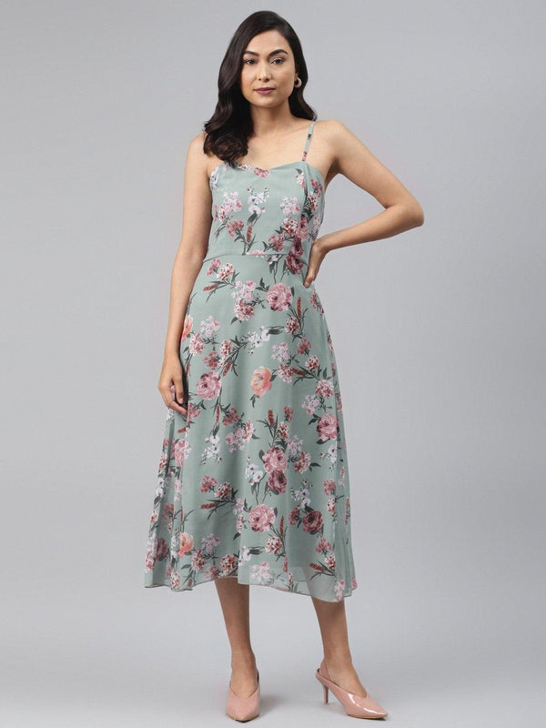 Women's Olive Floral Strappy Midi Dress - SASSAFRAS - Indiakreations