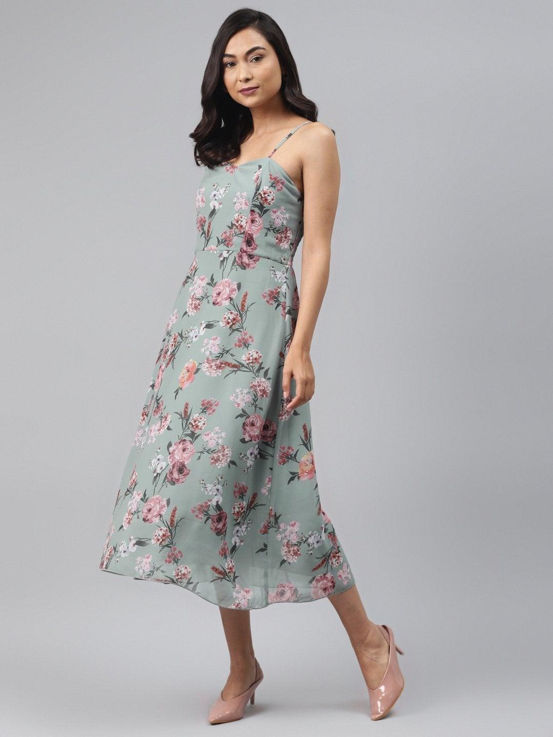 Women's Olive Floral Strappy Midi Dress - SASSAFRAS - Indiakreations