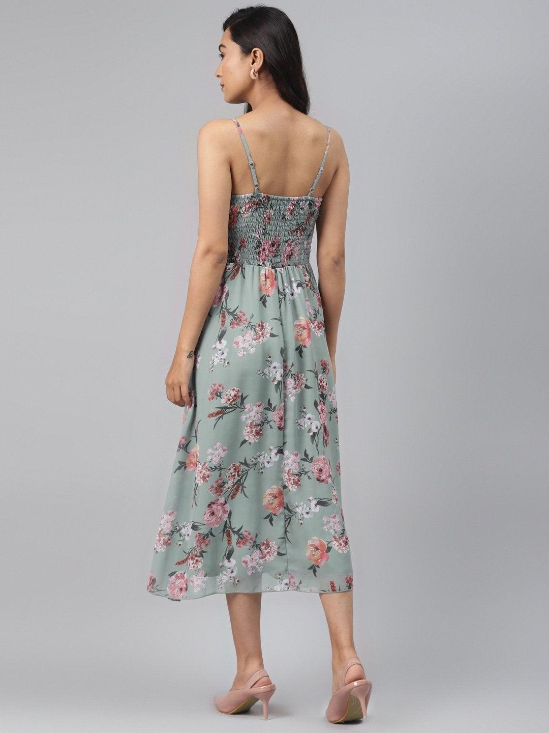 Women's Olive Floral Strappy Midi Dress - SASSAFRAS - Indiakreations