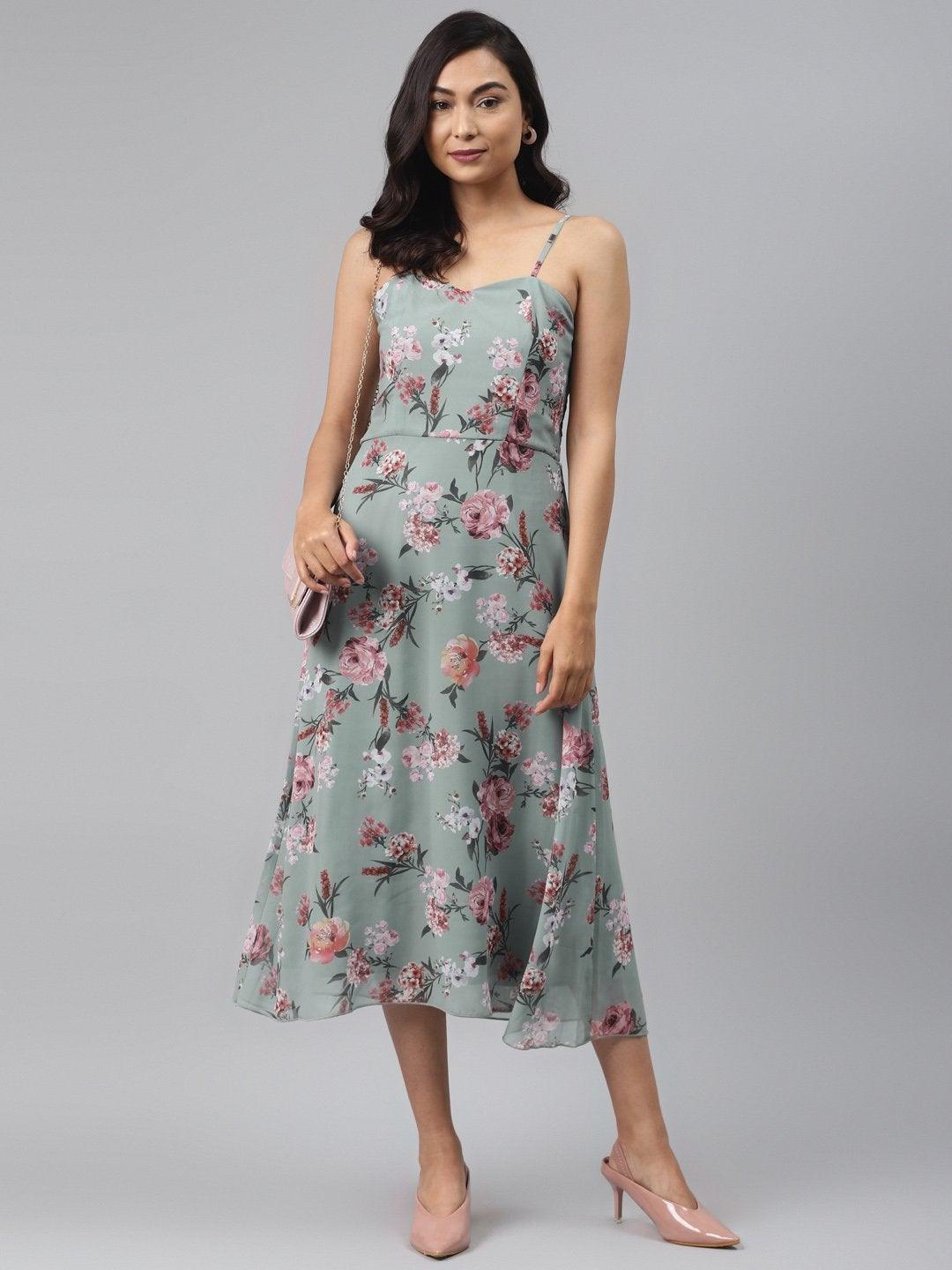 Women's Olive Floral Strappy Midi Dress - SASSAFRAS - Indiakreations