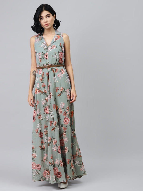 Women's Olive Floral Notch Collar Maxi Dress - SASSAFRAS - Indiakreations