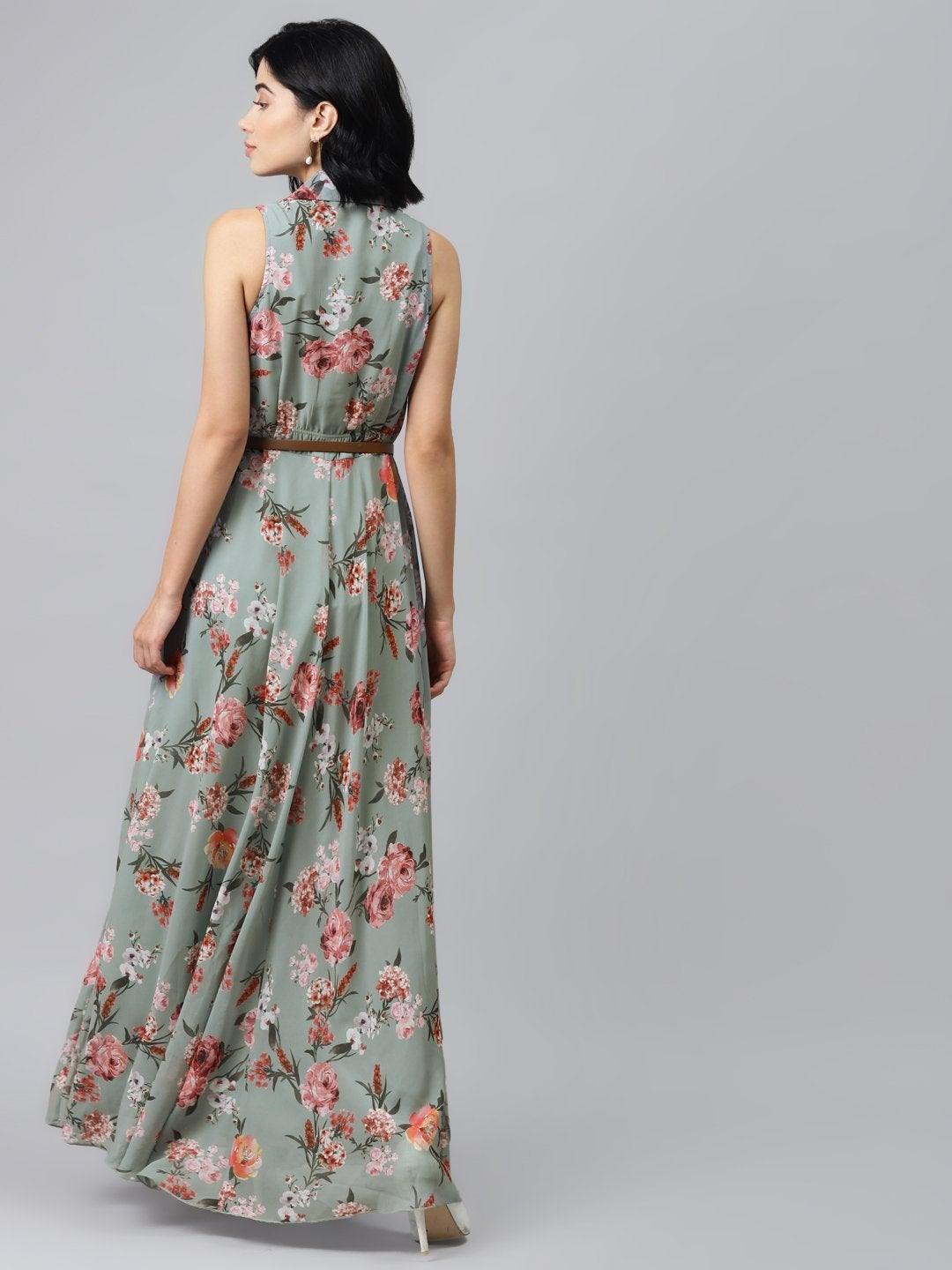 Women's Olive Floral Notch Collar Maxi Dress - SASSAFRAS - Indiakreations