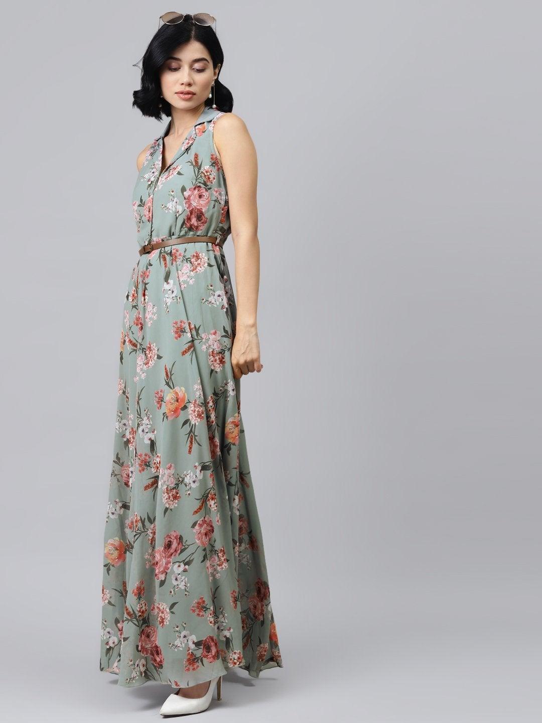 Women's Olive Floral Notch Collar Maxi Dress - SASSAFRAS - Indiakreations