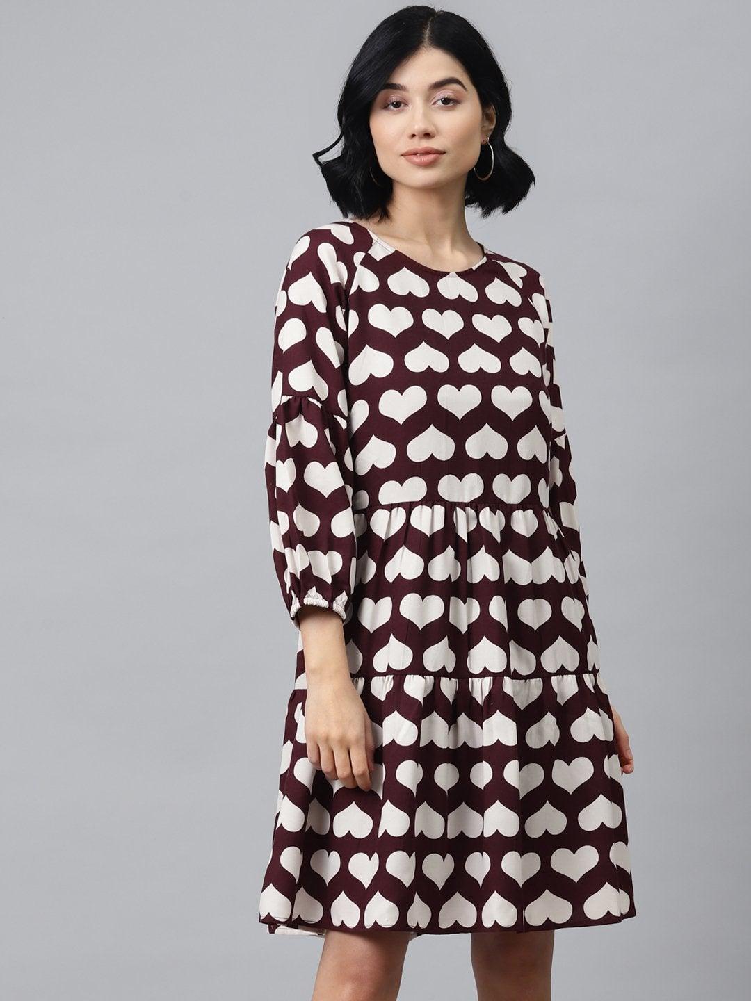 Women's Maroon Heart Print Tiered Dress - SASSAFRAS - Indiakreations