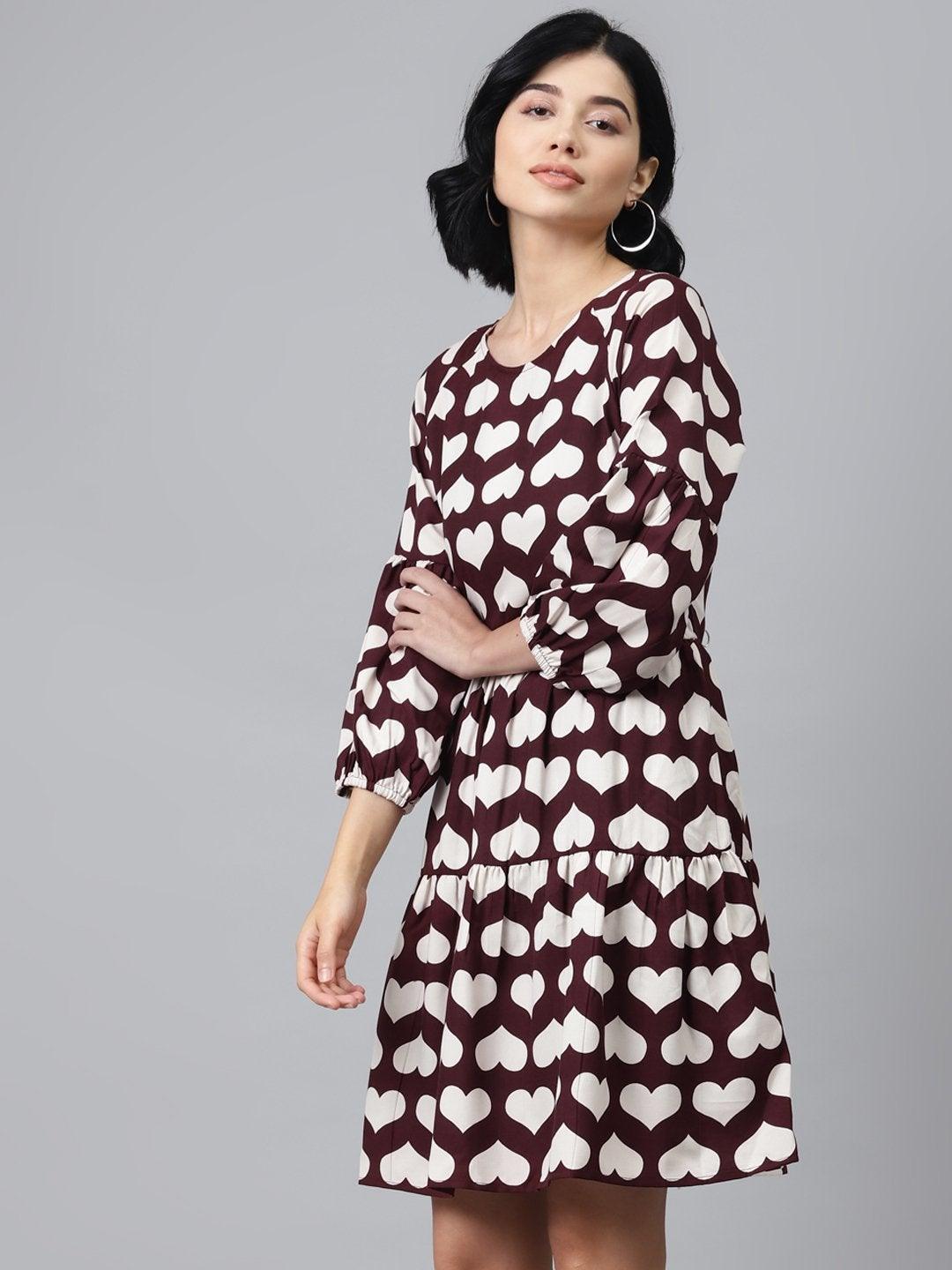 Women's Maroon Heart Print Tiered Dress - SASSAFRAS - Indiakreations