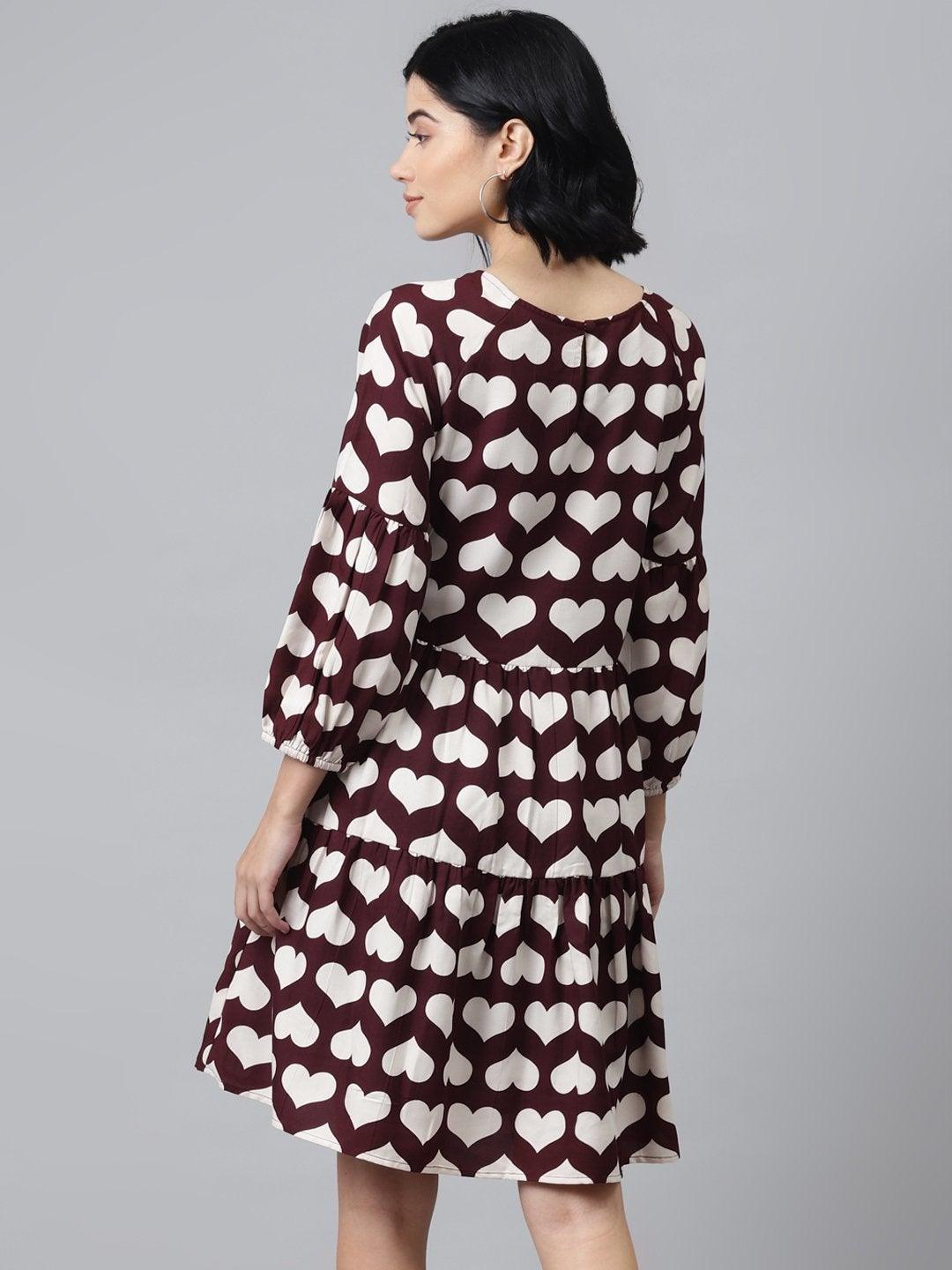 Women's Maroon Heart Print Tiered Dress - SASSAFRAS - Indiakreations