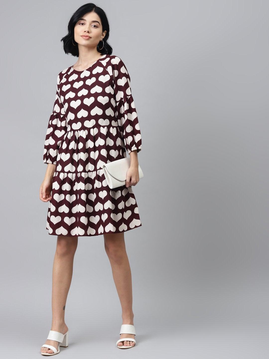 Women's Maroon Heart Print Tiered Dress - SASSAFRAS - Indiakreations