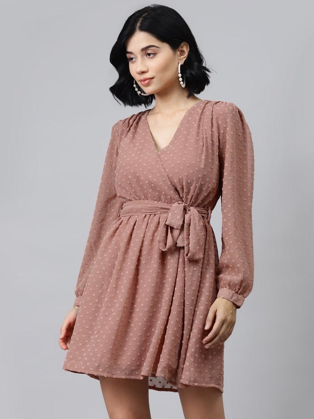 Women's Dusty Pink Wrap Full Sleeves Dress - SASSAFRAS - Indiakreations