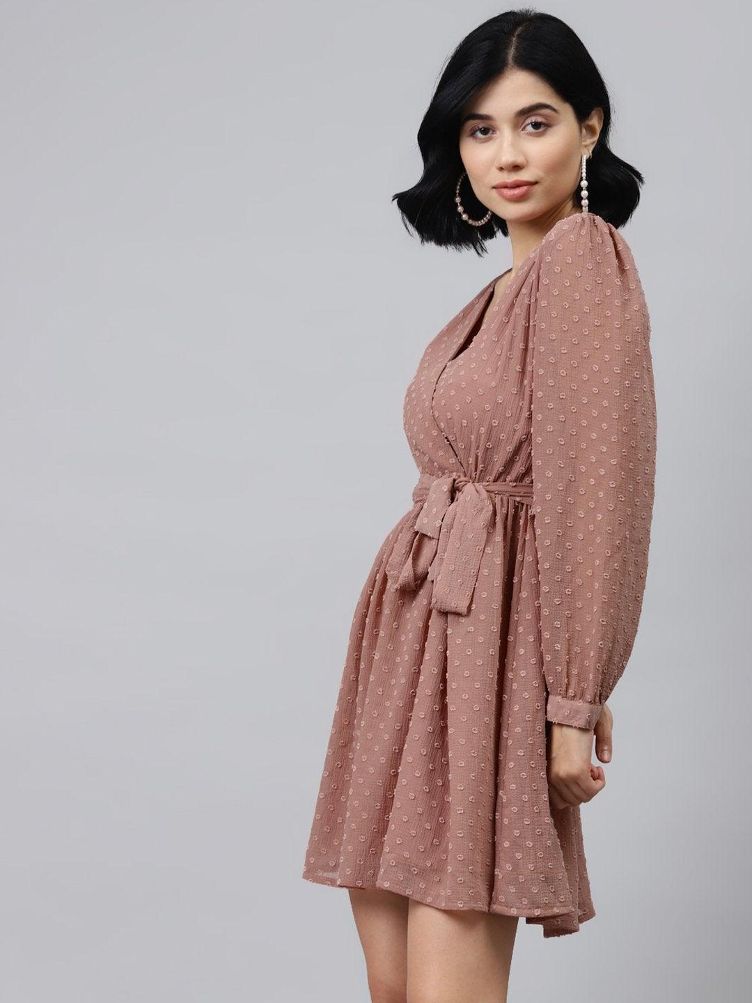 Women's Dusty Pink Wrap Full Sleeves Dress - SASSAFRAS - Indiakreations