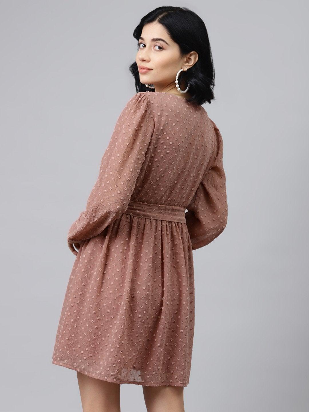 Women's Dusty Pink Wrap Full Sleeves Dress - SASSAFRAS - Indiakreations