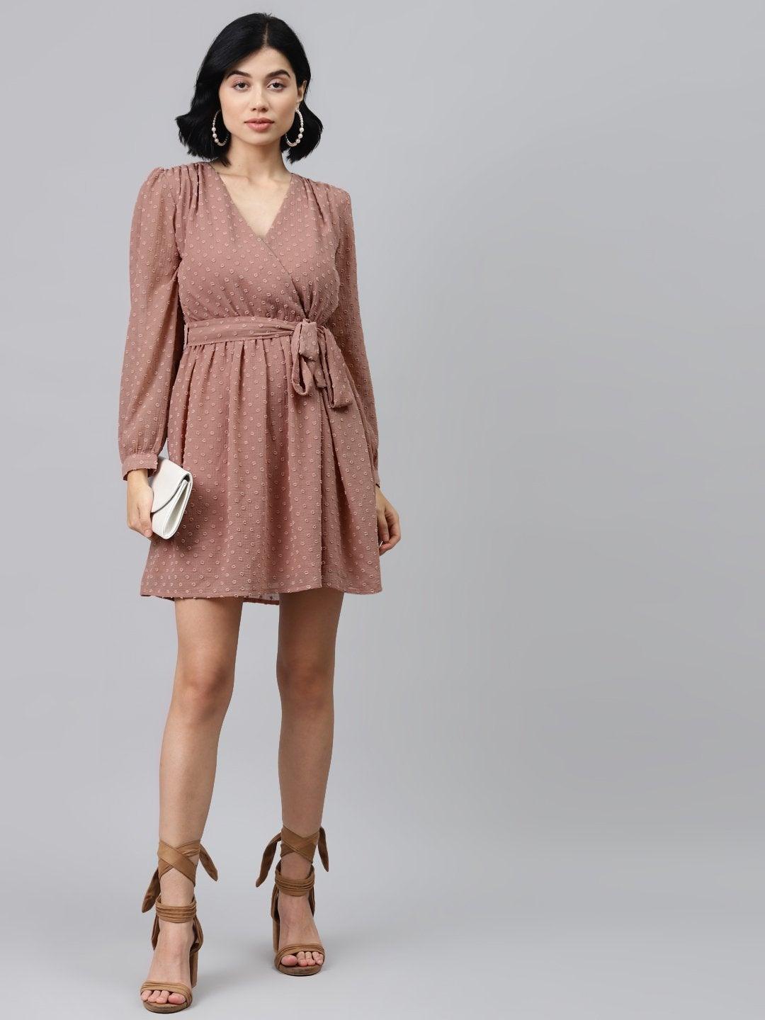 Women's Dusty Pink Wrap Full Sleeves Dress - SASSAFRAS - Indiakreations