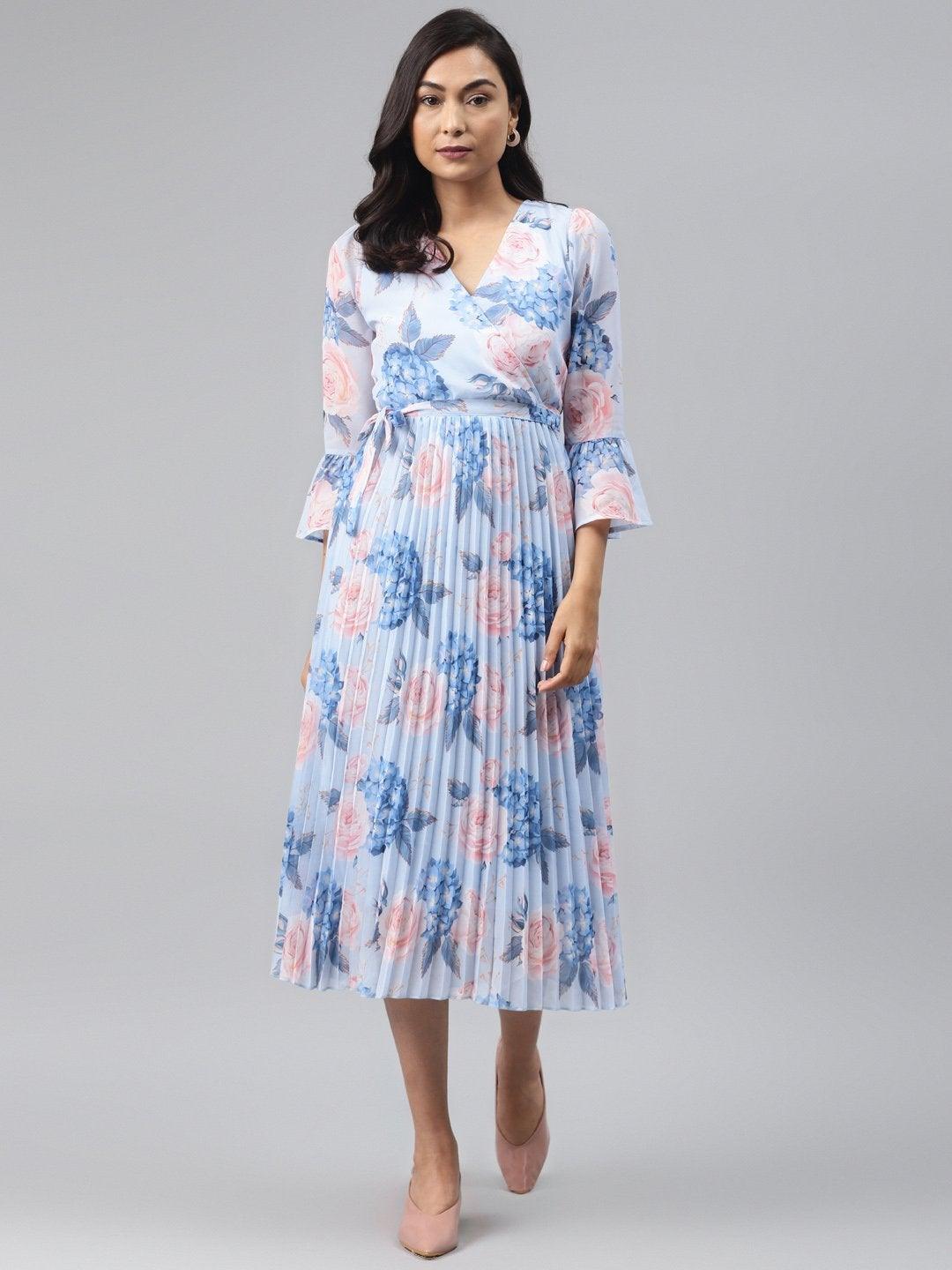 Women's Light Blue Floral Pleated Midi Dress - SASSAFRAS - Indiakreations