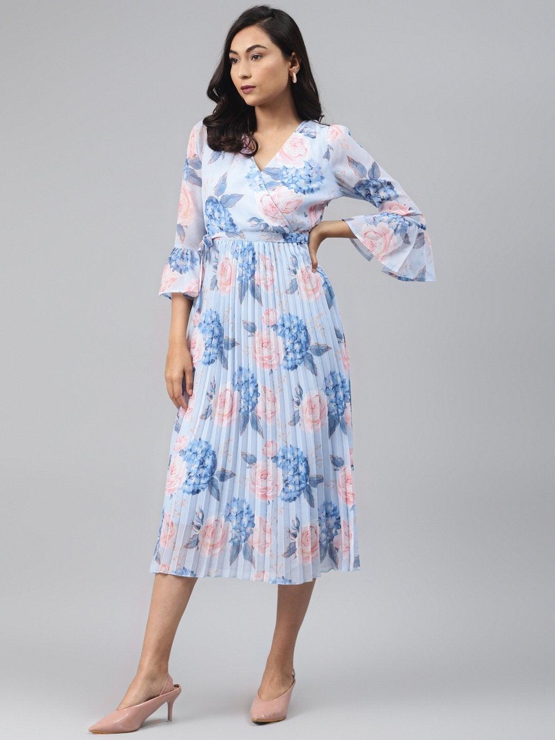 Women's Light Blue Floral Pleated Midi Dress - SASSAFRAS - Indiakreations