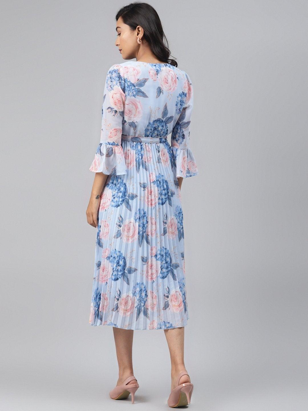 Women's Light Blue Floral Pleated Midi Dress - SASSAFRAS - Indiakreations