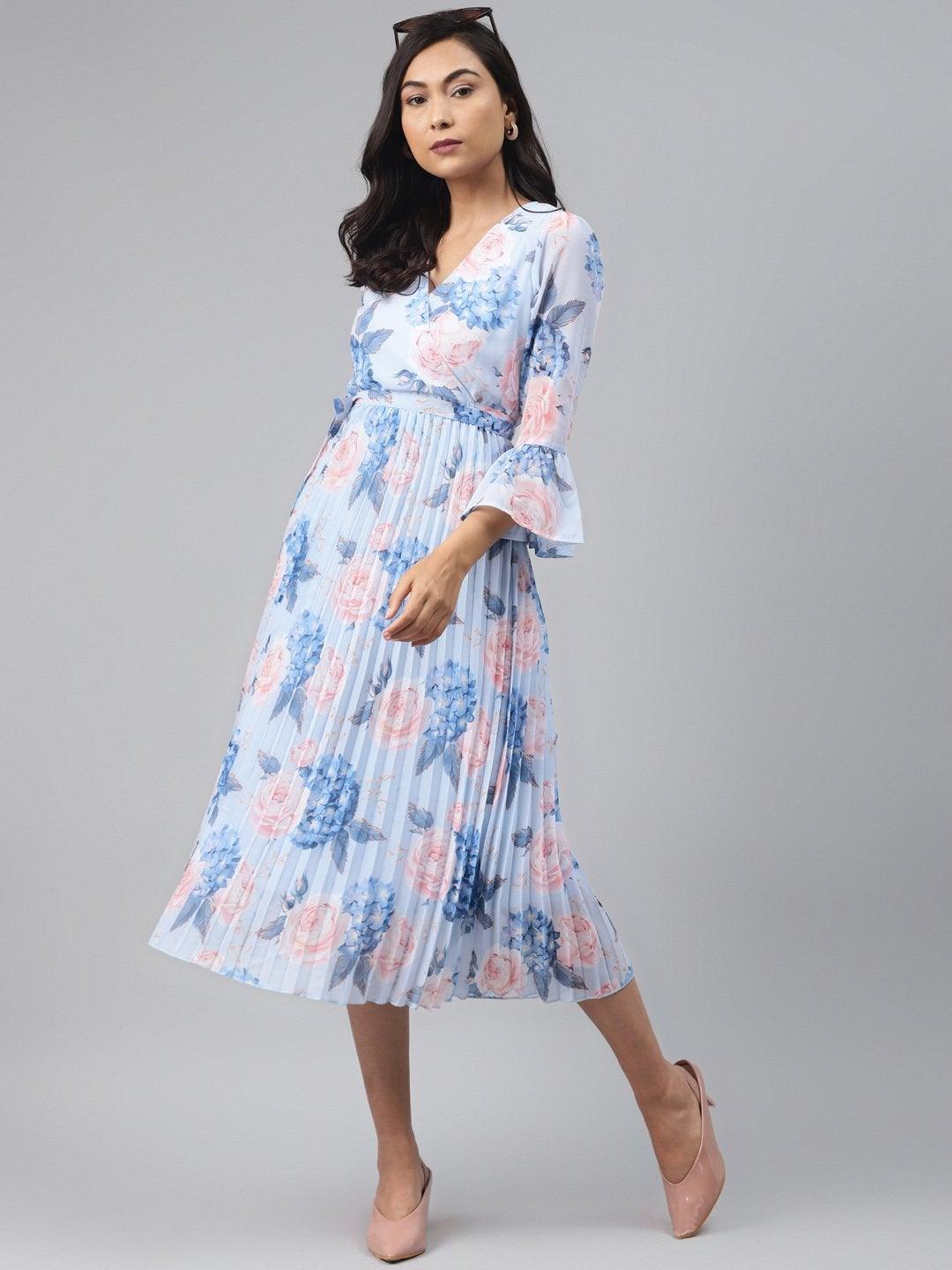 Women's Light Blue Floral Pleated Midi Dress - SASSAFRAS - Indiakreations