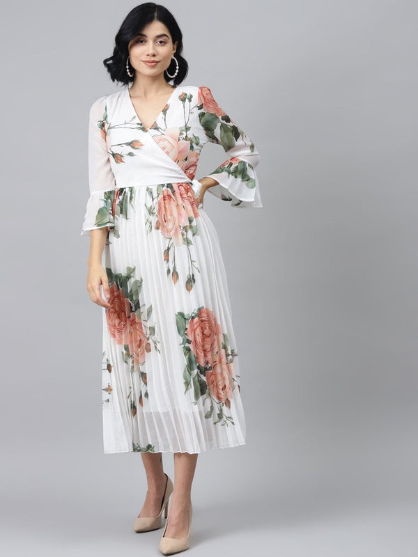 Women's White Floral Pleated Midi Dress - SASSAFRAS