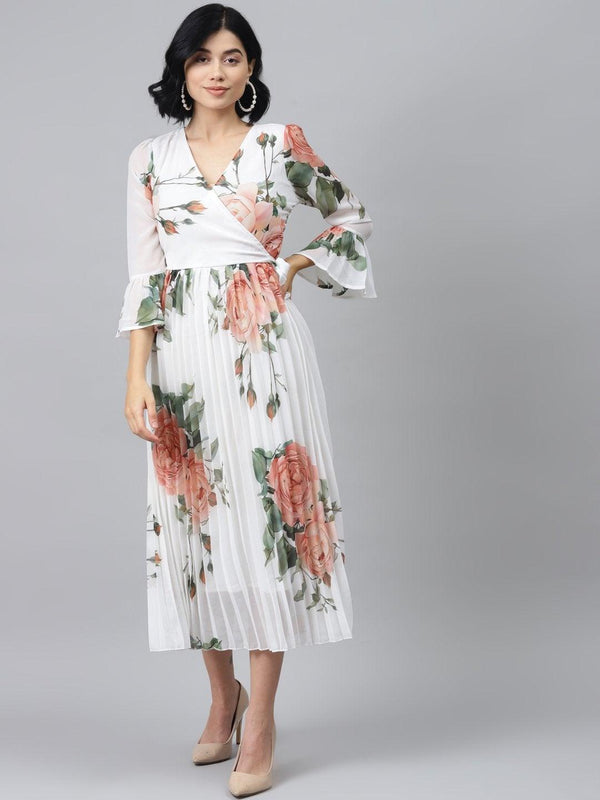 Women's White Floral Pleated Midi Dress - SASSAFRAS - Indiakreations