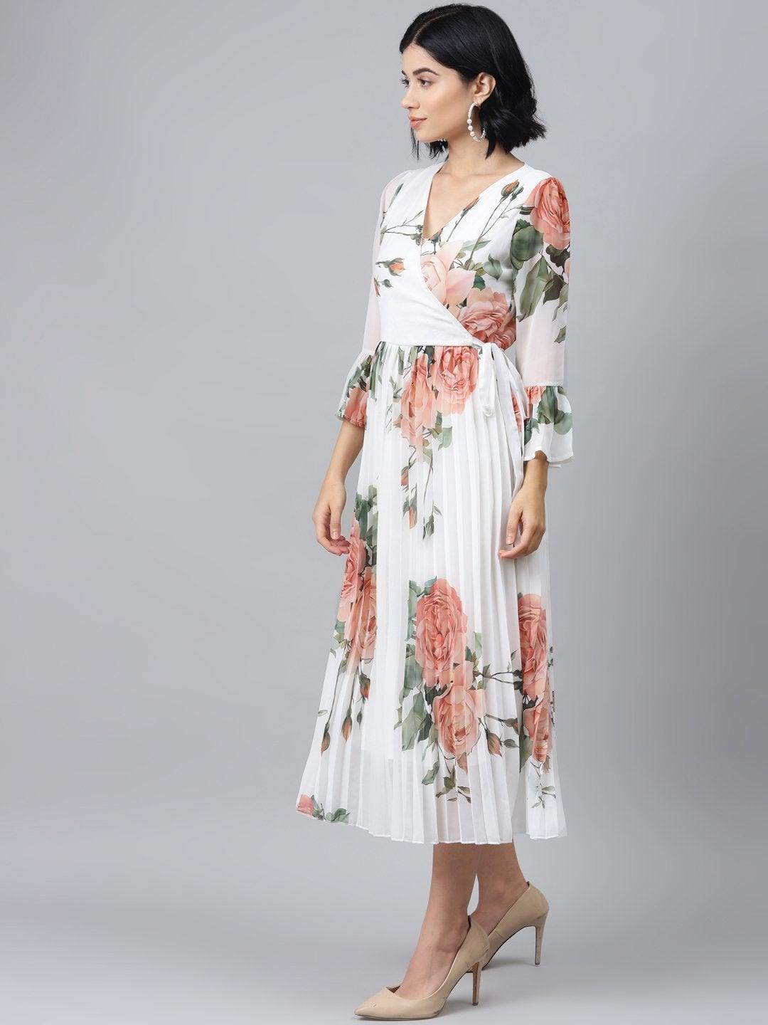 Women's White Floral Pleated Midi Dress - SASSAFRAS - Indiakreations