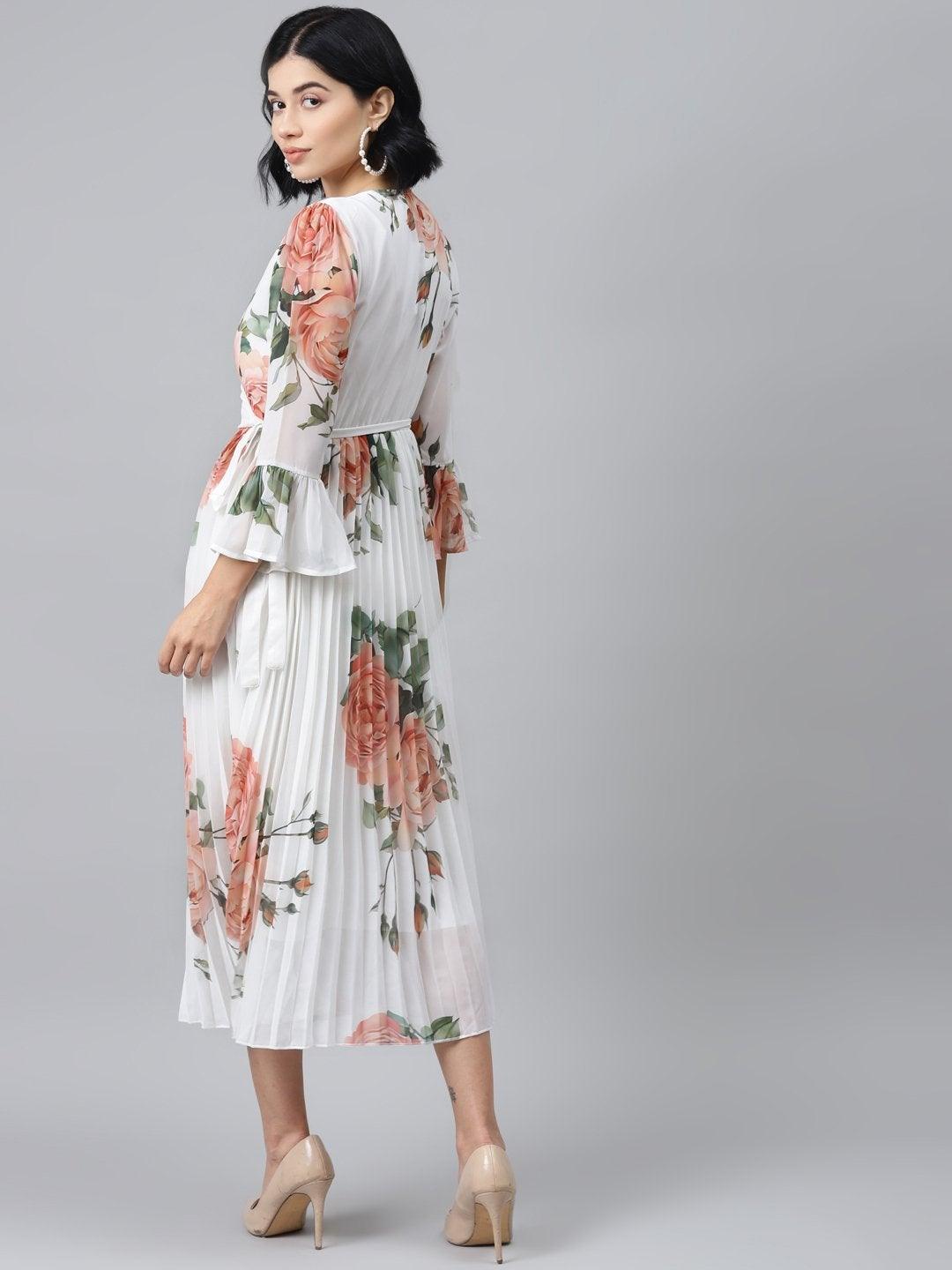 Women's White Floral Pleated Midi Dress - SASSAFRAS - Indiakreations