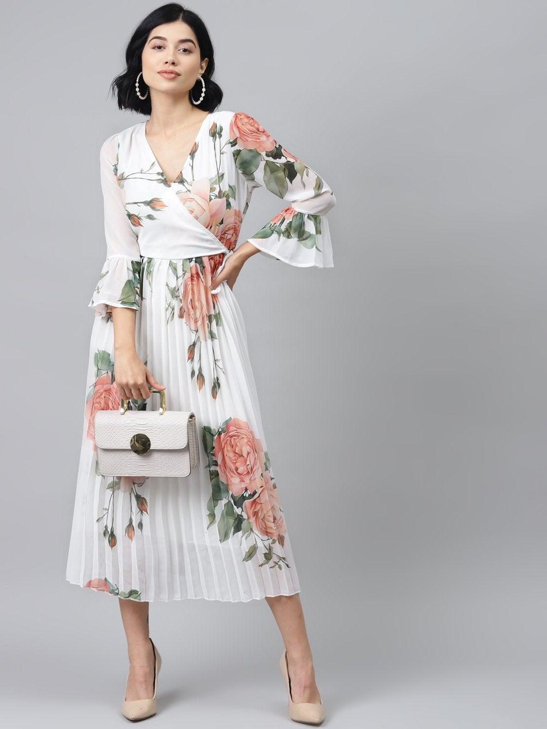 Women's White Floral Pleated Midi Dress - SASSAFRAS - Indiakreations