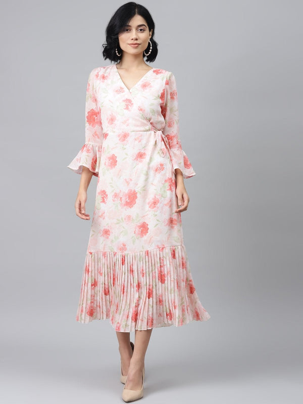 Women's Light Pink Floral Pleated Midi Dress - SASSAFRAS