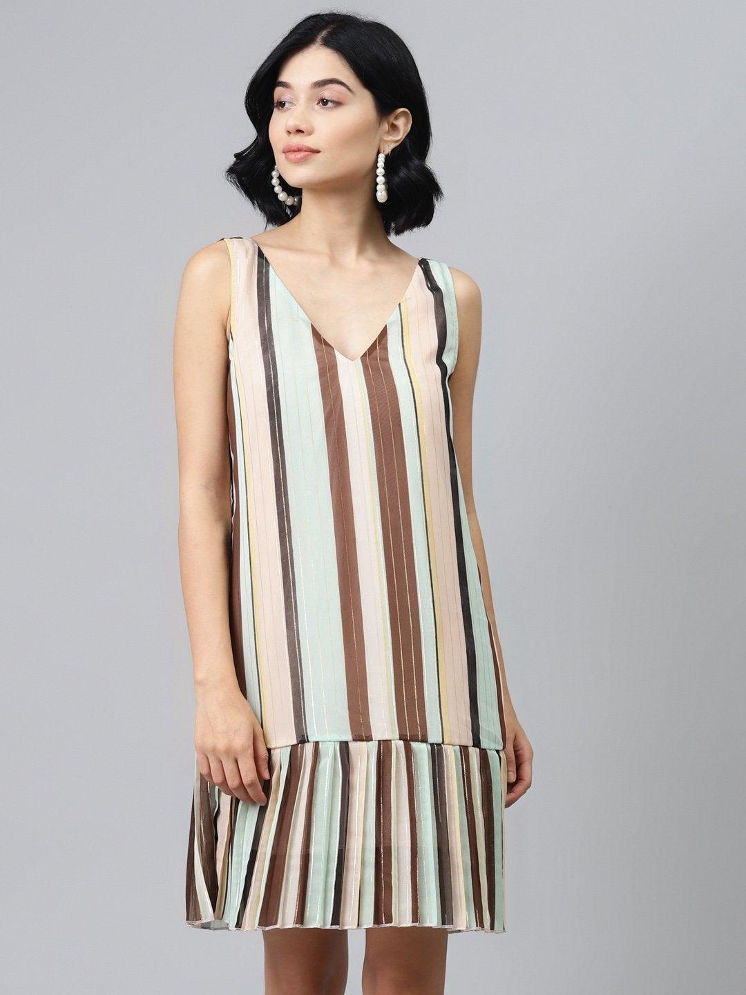 Women's Multi Striped Lurex Pleated Dress - SASSAFRAS - Indiakreations